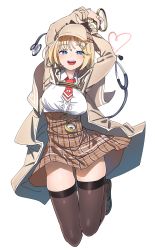 Rule 34 | 1girl, absurdres, arms up, blonde hair, blue eyes, blush, breasts, brown capelet, capelet, detective, hair ornament, highres, hololive, hololive english, long hair, long sleeves, looking at viewer, magnifying glass, medium breasts, open mouth, shinomu (cinomoon), short hair, simple background, smile, solo, stethoscope, thighhighs, thighs, virtual youtuber, watson amelia, watson amelia (1st costume), white background