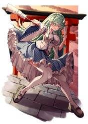 Rule 34 | 1girl, absurdres, black footwear, blouse, blue skirt, breasts, closed mouth, collared shirt, commentary request, detached sleeves, frilled skirt, frills, frog hair ornament, full body, gohei, green eyes, green hair, green nails, hair ornament, hair tubes, highres, holding, holding stick, kochiya sanae, large breasts, looking at viewer, mahoro (minase mahoro), mary janes, nail polish, outdoors, shirt, shoes, skirt, sleeveless, sleeveless shirt, snake hair ornament, solo, stick, thighhighs, torii, touhou, twilight, white shirt, white thighhighs, wide sleeves