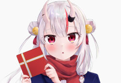 Rule 34 | 1girl, absurdres, bell, blush, double bun, gift, hair bell, hair bun, hair ornament, highres, holding, holding gift, hololive, horns, kakinotane e, long hair, looking at viewer, multicolored hair, nakiri ayame, red eyes, red hair, red scarf, scarf, simple background, skin-covered horns, streaked hair, triangle mouth, valentine, virtual youtuber, white background, white hair