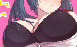 Rule 34 | 1girl, blue hair, blush, bra, breasts, cleavage, close-up, commentary request, cropped, hair over breasts, isuzu (kancolle), kantai collection, long hair, open clothes, simple background, solo, sweatdrop, takahashi meishin, twintails, underwear