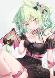 Rule 34 | 1girl, animal ears, arm garter, bare arms, bare shoulders, bat wings, bell, belt, black dress, blush, bow, braid, breasts, cat ears, cat girl, cat tail, ceres fauna, cleavage, collarbone, commentary, demon wings, dress, english commentary, finger to mouth, flower, gothic lolita, green hair, hair bow, hair flower, hair ornament, hand on own chest, highres, hololive, hololive english, jingle bell, large breasts, legwear garter, lolita fashion, looking at viewer, medium hair, mole, mole under eye, nail polish, paraffin, pink belt, pink nails, simple background, sitting, skirt, solo, tail, thigh strap, thighs, twintails, virtual youtuber, wings, yellow eyes