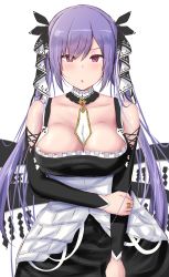 Rule 34 | 1girl, :o, absurdres, assault lily, azur lane, bad id, bad pixiv id, bare shoulders, between breasts, black collar, black dress, black ribbon, blush, breasts, chin gero, cleavage, collar, collarbone, commentary request, cosplay, cowboy shot, dress, formidable (azur lane), formidable (azur lane) (cosplay), frilled dress, frills, hair between eyes, hair ribbon, hand on own arm, highres, jewelry, large breasts, long hair, long sleeves, looking at viewer, matsumura fuuka, necktie, necktie between breasts, parted lips, pink eyes, purple hair, ribbon, ring, solo, standing, twintails, two-tone dress, two-tone ribbon, v-shaped eyebrows, very long hair, white background, white collar, white dress, white necktie, white ribbon