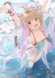 Rule 34 | 1girl, akita hika, andira (granblue fantasy), animal ears, antenna hair, armpits, arms up, bare shoulders, blonde hair, blush, breasts, collarbone, covered navel, erune, granblue fantasy, green one-piece swimsuit, highleg, highleg swimsuit, highres, looking at viewer, monkey ears, monkey girl, monkey tail, one-piece swimsuit, open mouth, orange eyes, revision, shawl, short hair, small breasts, smile, swimsuit, tail, thighlet, thighs, two side up, wading, water, wet