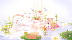 Rule 34 | 1girl, ahira yuzu, bag, bare shoulders, barefoot, breasts, bug, butterfly, corset, cup, dandelion, disposable cup, dress, drinking straw, english text, flower, food, full body, burger, heart, highres, holding, holding food, bug, lily pad, long hair, looking at viewer, lotus, lying, medium breasts, on side, orange hair, original, paper bag, partially submerged, petals, poppy (flower), purple eyes, solo, water, white dress