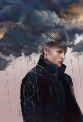 Rule 34 | 1boy, absurdres, black vest, blue coat, closed mouth, cloud, coat, commentary, devil may cry (series), devil may cry 5, frown, grey eyes, highres, lizzart-zardonicz, looking away, male focus, short hair, signature, silver hair, solo, spoilers, trench coat, upper body, vergil (devil may cry), vest