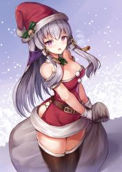 1girl bare_shoulders bell belt bow dress female_focus fire_emblem fire_emblem:_three_houses fur_trim gloves hair_ornament hat highres holding long_hair lysithea_von_ordelia nintendo open_mouth pink_eyes pom_pom_(clothes) red_hat sack santa_costume santa_hat se-u-ra sleeveless solo thighhighs white_gloves white_hair