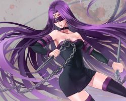 Rule 34 | 1girl, bad id, bad pixiv id, blindfold, boots, breasts, chain, cleavage, collar, dagger, facial mark, fate/stay night, fate (series), forehead mark, knife, long hair, medusa (fate), medusa (rider) (fate), nameless dagger (fate), purple hair, sleeveless, solo, thigh boots, thighhighs, very long hair, weapon, ycco (estrella)