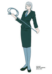 Rule 34 | 1girl, ace attorney, closed mouth, collared shirt, earrings, eyelashes, franziska von karma, full body, holding, holding whip, jacket, jewelry, long sleeves, mole, mole under eye, monochrome, necktie, pantyhose, pencil skirt, rat nkmi, shirt, shoes, short hair, simple background, skirt, solo, twitter username