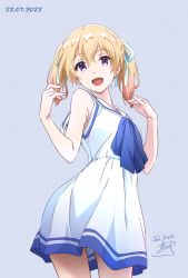 Rule 34 | 1girl, :d, bare shoulders, blonde hair, dated, dress, hair ribbon, hands up, highres, long hair, looking at viewer, nii manabu, open mouth, original, pink eyes, purple background, ribbon, signature, simple background, smile, solo, spaghetti strap, standing, twintails, white dress