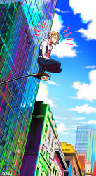 Rule 34 | 1girl, absurdres, animification, asymmetrical hair, ballet slippers, blonde hair, blue eyes, blue sky, bodysuit, building, city, commentary request, day, gwen stacy, highres, hood, hood down, hooded bodysuit, lamppost, looking at viewer, marvel, no mask, okada (hoooojicha), parted lips, scenery, sidecut, sky, skyscraper, solo, spider-gwen, spider-man: into the spider-verse, spider-man (series), spider-verse, spider web print, squatting, superhero costume, undercut