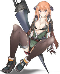 Rule 34 | 1girl, ankle boots, arknights, arm support, bagpipe (arknights), black bra, black footwear, black gloves, black thighhighs, blush, boots, bra, breasts, cleavage, closed mouth, commentary request, dragon horns, ekuesu, full body, gloves, green jacket, gunlance, highres, horns, jacket, knees up, lance, large breasts, long hair, long sleeves, looking at viewer, miniskirt, orange hair, plaid, plaid skirt, polearm, pouch, purple eyes, red skirt, shirt, simple background, sitting, skirt, solo, thighhighs, torn clothes, torn shirt, torn thighhighs, underwear, very long hair, weapon, white background, white shirt, zettai ryouiki