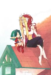 Rule 34 | 1990s (style), 2girls, ^ ^, bad id, bad pixiv id, blonde hair, boots, chibiki, closed eyes, closed eyes, green hair, kinako (moment), crossed legs, multicolored hair, multiple girls, red hair, rooftop, sitting, taimon, the queen (yadamon), timon (yadamon), yadamon, yadamon (character)