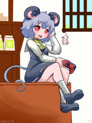 Rule 34 | 1girl, animal ear fluff, animal ears, bag, black footwear, blush, capelet, commentary request, controller, cookie (touhou), dated, dress, full body, game controller, grey dress, grey hair, hand in own hair, highres, holding, holding controller, holding game controller, indoors, itini-sanshi, long sleeves, looking at viewer, mouse ears, mouse girl, mouse tail, nazrin, nyon (cookie), open mouth, pinafore dress, red eyes, round teeth, shelf, shirt, shoes, short hair, sitting, sitting on table, sleeveless, sleeveless dress, socks, solo, tail, teeth, touhou, upper teeth only, white capelet, white shirt, white socks, window