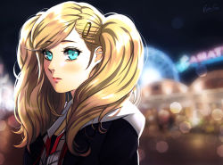 Rule 34 | 1girl, blonde hair, blue eyes, blurry, blurry background, blush, cardigan, esther shen, hair ornament, hairclip, hood, hood down, hooded cardigan, long hair, looking at viewer, night, open cardigan, open clothes, outdoors, persona, persona 5, solo, swept bangs, takamaki anne, upper body