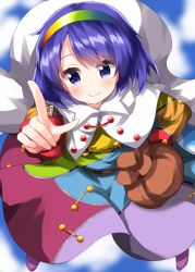 Rule 34 | 1girl, blue eyes, blue hair, cape, closed mouth, cloud, hand gesture, hand on own hip, headband, highres, one-hour drawing challenge, rainbow-color, ruu (tksymkw), short hair, sky, smile, tenkyuu chimata, touhou, white cape