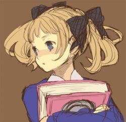 Rule 34 | 1girl, alice (odin sphere), blonde hair, blue eyes, book, hugging book, hair ribbon, holding, holding book, hugging object, odin sphere, ribbon, sakurako, sketch, solo, twintails, upper body