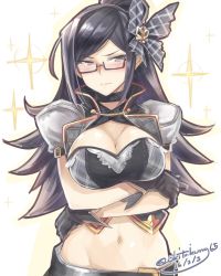 Rule 34 | 10s, 1girl, artist name, black eyes, black gloves, black hair, blush, breasts, butterfly hair ornament, cleavage, closed mouth, crossed arms, dated, embarrassed, glasses, gloves, granblue fantasy, groin, hair ornament, highres, large breasts, long hair, looking away, midriff, navel, okitakung, plaid, priest producer (granblue fantasy), puffy short sleeves, puffy sleeves, semi-rimless eyewear, short sleeves, simple background, solo, sparkle, under-rim eyewear