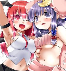 Rule 34 | 2girls, ;d, armband, armpits, bad id, bad twitter id, bat wings, blush, bow, bra, breast press, crescent, crop top, hair bow, hair ornament, hat, head wings, impossible clothes, ino., koakuma, looking at viewer, midriff, mob cap, multiple girls, navel, necktie, one eye closed, open mouth, patchouli knowledge, purple eyes, purple hair, red eyes, red hair, simple background, skirt, smile, suzu keika, symmetrical docking, touhou, underwear, upper body, vest, white background, wings