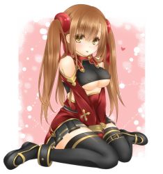Rule 34 | 1girl, :p, asuna (sao), bare shoulders, between legs, blush, breasts, brown eyes, brown hair, cosplay, covered erect nipples, cross, hand between legs, highres, knees together feet apart, long hair, looking at viewer, miko (royal milk), pleated skirt, silica, silica (cosplay), sitting, skirt, solo, sword art online, thighhighs, tongue, tongue out, twintails, underboob, v arms, wariza, zettai ryouiki