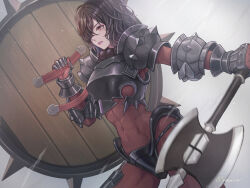 Rule 34 | 1girl, armor, axe, battle axe, berengaria (unicorn overlord), black hair, bodysuit, breastplate, covered abs, gauntlets, grey background, hair over one eye, holding, holding axe, holding shield, looking ahead, medium hair, parted lips, purple lips, red bodysuit, red hair, remaco, shield, simple background, solo, unicorn overlord, weapon, wooden shield