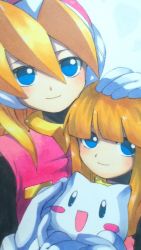 Rule 34 | 2girls, alouette (mega man), animal, bad id, bad pixiv id, ballpoint pen (medium), blonde hair, blue eyes, blunt bangs, blush, blush stickers, cat, child, ciel (mega man), closed mouth, commentary request, fringe trim, gloves, hair between eyes, hand on another&#039;s head, headgear, holding, holding animal, holding cat, long hair, looking at viewer, marker (medium), mega man (series), mega man zero (series), multiple girls, smile, tokigi akira, traditional media, white gloves