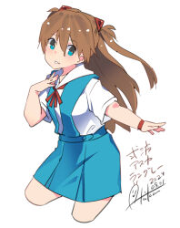 Rule 34 | 1girl, absurdres, blue eyes, blue skirt, blush, brown hair, character name, dated, dress shirt, highres, inica, interface headset, long hair, neck ribbon, neon genesis evangelion, open mouth, red ribbon, red wristband, ribbon, school uniform, shirt, signature, skirt, solo, souryuu asuka langley, suspender skirt, suspenders, tokyo-3 middle school uniform, twintails, white background, white shirt