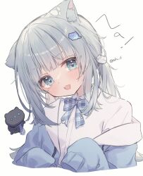 Rule 34 | !, 1girl, absurdres, animal ear fluff, animal ears, aqua eyes, artist name, blue cardigan, blue eyes, blue neckerchief, blush, cardigan, cat, cat ears, cat girl, cat hair ornament, checkered neckerchief, checkered necktie, collared shirt, fang, grey hair, hair intakes, hair ornament, hairpin, head tilt, highres, indie virtual youtuber, long hair, looking at viewer, low twintails, nachoneko, neckerchief, necktie, off shoulder, open cardigan, open clothes, roku 6, shirt, sidelocks, simple background, skin fang, sleeves past fingers, sleeves past wrists, solo, text background, twintails, twitter username, virtual youtuber, white background, white shirt