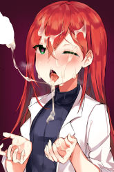 Rule 34 | bad id, bad pixiv id, bukkake, chuchumi, cum, cum on hair, cum on hands, cumdrip, cupping hands, hair between eyes, heart, heart-shaped pupils, highres, long hair, own hands together, penis, red hair, sedurin, simple background, solo focus, soulworker, symbol-shaped pupils, tagme