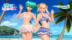 Rule 34 | 2girls, 3d, aqua eyes, aqua hair, beach, bikini, bikini skirt, blonde hair, breasts, copyright name, crossover, day, dead or alive, dead or alive xtreme, flat chest, hair ribbon, hatsune miku, highres, long hair, looking at viewer, marie rose, multiple girls, navel, official art, official wallpaper, open mouth, outstretched hand, palm tree, ribbon, scrunchie, small breasts, smile, swimsuit, tree, twintails, vocaloid, wallpaper, watermark, waving, web address