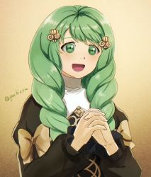 Rule 34 | 1girl, bow, brown background, commentary request, drill hair, eyebrows hidden by hair, fire emblem, fire emblem: three houses, flayn (fire emblem), garreg mach monastery uniform, green eyes, green hair, hair ornament, long hair, long sleeves, nintendo, open mouth, own hands together, pochi (furaigonn), simple background, solo, twitter username, uniform