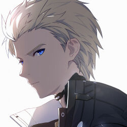 Rule 34 | 1boy, black jacket, blue eyes, chrome: glory (punishing: gray raven), chrome (punishing: gray raven), closed mouth, from side, highres, jacket, light brown hair, lzypoipoi, male focus, portrait, punishing: gray raven, short hair, white background