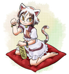 Rule 34 | 1girl, :3, animal ears, animal nose, barefoot, bell, bracelet, brown hair, cat ears, cat tail, chamaji, coin, collar, commentary request, cushion, full body, gold, goutokuji mike, hair between eyes, hand up, jewelry, jingle bell, koban (gold), looking at viewer, maneki-neko, midriff, multicolored hair, paw pose, puffy short sleeves, puffy sleeves, short hair, short sleeves, sitting, skirt, skirt set, smile, solo, tail, touhou, translation request, unconnected marketeers, wariza, white hair, yellow eyes