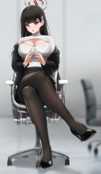 Rule 34 | 1girl, absurdres, adapted costume, black hair, black jacket, black pantyhose, black skirt, blue archive, blush, breasts, cleavage, commentary, crossed legs, english commentary, full body, halo, hear (kpmf4732), highres, indoors, jacket, large breasts, long hair, looking at viewer, meme attire, open-chest sweater, pantyhose, pleated skirt, red eyes, ribbed sweater, rio (blue archive), sitting, skirt, solo, straight hair, sweater, sweater tucked in, swivel chair, very long hair, white sweater