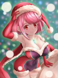 Rule 34 | 1girl, adapted costume, breasts, chest jewel, christmas, cleavage, elbow gloves, gloves, hat, highres, inuneco, large breasts, pyra (xenoblade), red eyes, red hair, santa hat, short hair, solo, swept bangs, xenoblade chronicles (series), xenoblade chronicles 2