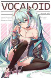 Rule 34 | 1girl, aqua hair, belt, black thighhighs, blue eyes, bracelet, breasts, character name, cleavage, closed mouth, copyright name, cross, cross-laced footwear, dress, fakegeo, hair between eyes, hatsune miku, highres, jewelry, long hair, looking at viewer, medium breasts, multicolored hair, off-shoulder dress, off shoulder, pendant, red hair, ring, shoes, short dress, sitting, smile, sneakers, solo, streaked hair, thighhighs, twintails, vocaloid