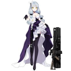 Rule 34 | 1girl, assault rifle, black footwear, black gloves, black thighhighs, blush, breasts, dress, eyebrows, full body, girls&#039; frontline, gloves, green eyes, gun, gyaku tsubasa, h&amp;k hk416, heckler &amp; koch, high-low skirt, high heels, hk416 (girls&#039; frontline), hk416 (starry cocoon) (girls&#039; frontline), large breasts, long hair, looking at viewer, official alternate costume, official art, pumps, revision, rifle, shoes, skirt hold, smile, solo, thighhighs, transparent background, weapon, weapon case, white hair