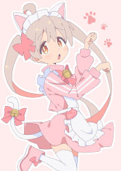 Rule 34 | 1girl, absurdres, ahoge, animal ears, apron, bell, blush, boots, bow, bowtie, cat ears, cat tail, genderswap, genderswap (mtf), hair bow, highres, jingle bell, long hair, long sleeves, looking at viewer, maid, maid apron, maid headdress, neck bell, onii-chan wa oshimai!, open mouth, orange eyes, oyama mahiro, paw pose, pink hair, solo, tail, tail bell, tail ornament, thighhighs, translation request, twintails, user muet3237, zettai ryouiki