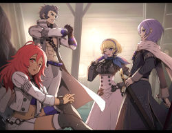 Rule 34 | 2boys, 2girls, abs, balthus von albrecht, belt, black eyes, black footwear, black hair, blonde hair, blue thighhighs, boots, bracelet, breasts, chain, clenched hand, coat, constance von nuvelle, cropped jacket, dark skin, drill hair, fire emblem, fire emblem: three houses, folding fan, garreg mach monastery uniform, gauntlets, gonzarez, hair slicked back, hairband, hand fan, hand on own hip, hand on own knee, hapi (fire emblem), high-waist skirt, indoors, jacket, jewelry, light particles, long hair, long sleeves, looking at viewer, matching hair/eyes, medium breasts, midriff, miniskirt, multicolored hair, multiple boys, multiple girls, muscular, navel, nintendo, one eye closed, open clothes, open coat, open mouth, pants, parted lips, profile, purple eyes, purple hair, red eyes, red hair, scabbard, scarf, sheath, sheathed, short hair, side drill, single thighhigh, sitting, skirt, standing, sword, thigh boots, thighhighs, thighhighs under boots, two-tone hair, weapon, white coat, white jacket, white pants, white skirt, wink, yuri leclerc, zettai ryouiki