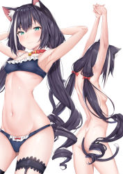Rule 34 | 1girl, absurdres, animal ear fluff, animal ears, armpits, arms up, ass, back, bell, black hair, blue bra, blue panties, blush, bow, bow panties, bra, breasts, cat ears, cat girl, cat tail, closed mouth, coffeedog, collar, completely nude, frilled bra, frilled panties, frills, green eyes, hair between eyes, highres, huge filesize, jingle bell, karyl (princess connect!), long hair, looking at viewer, low twintails, multicolored hair, multiple views, navel, neck bell, nude, panties, princess connect!, red collar, simple background, small breasts, streaked hair, tail, twintails, underwear, underwear only, very long hair, white background, white hair
