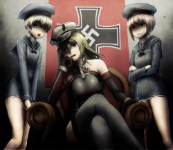 Rule 34 | 3girls, :o, bad id, bad pixiv id, bare shoulders, beret, bismarck (kancolle), blonde hair, blue eyes, bottomless, brown eyes, brown hair, chair, colored eyelashes, cross, crossed arms, elbow gloves, frown, gloves, grey legwear, hand on own face, hat, hatimiz, head rest, indoors, iron cross, kantai collection, long hair, long sleeves, looking at viewer, looking down, multiple girls, nazi, open mouth, own hands together, peaked cap, sailor hat, short hair, sitting, sleeveless, smile, swastika, teeth, thighhighs, white hair, world war ii, z1 leberecht maass (kancolle), z3 max schultz (kancolle)