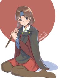 Rule 34 | 1girl, :o, alternate costume, blush, brown eyes, brown hair, capelet, chiyoda (kancolle), commentary request, dated, headband, kangoku kou, kantai collection, long sleeves, looking to the side, no shoes, one-hour drawing challenge, open mouth, pantyhose, red skirt, short hair, sitting, skirt, solo, twitter username, umbrella, wariza, white background