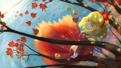 Rule 34 | 1girl, aki shizuha, apple, autumn, autumn leaves, blonde hair, dress, falling leaves, food, forest, fruit, in tree, lake, leaf, long sleeves, looking at viewer, maple leaf, multicolored clothes, multicolored dress, nature, orange dress, outdoors, red dress, short hair, smile, solo, sunlight, teasmacker, touhou, tree