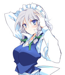 Rule 34 | 1girl, :/, arms up, back bow, blue hair, blush, bow, braid, breasts, collared shirt, commentary request, green neckwear, green ribbon, hair ribbon, ichimura kanata, izayoi sakuya, large breasts, long sleeves, maid, maid headdress, neck ribbon, ribbon, shirt, silver hair, simple background, solo, touhou, tress ribbon, twin braids, undone neck ribbon, undone neckwear, upper body, white background, white bow