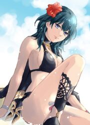 1girl bikini black_bikini black_cape blue_hair blue_sky breasts byleth_(female)_(fire_emblem) byleth_(female)_(summer)_(fire_emblem) byleth_(fire_emblem) cape cleavage closed_mouth cloud commentary_request fire_emblem fire_emblem:_three_houses fire_emblem_heroes flower hair_between_eyes hair_flower hair_ornament hibiscus lips long_hair looking_at_viewer medium_breasts nintendo official_alternate_costume pink_lips purple_eyes red_flower sitting sky smile solo swimsuit usachu_now