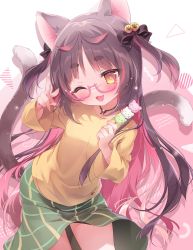 Rule 34 | 1girl, ;d, animal ears, black bow, black hair, blush, bow, breasts, brown eyes, cat ears, cat girl, cat tail, commentary, dango, fang, food, green skirt, hair bow, highres, holding, holding food, leaning forward, long sleeves, looking at viewer, multicolored hair, multiple tails, one eye closed, open mouth, original, pink hair, piyodera mucha, sanshoku dango, shirt, skirt, small breasts, smile, solo, symbol-only commentary, tail, two-tone hair, two side up, two tails, wagashi, wide sleeves, yellow shirt