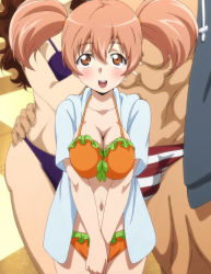 Rule 34 | 1boy, 2girls, anime screenshot, bikini, blush, breast press, breasts, brown eyes, brown hair, cleavage, hataraku maou-sama!, highres, large breasts, multiple girls, navel, open clothes, open mouth, open shirt, sasaki chiho, screencap, shirt, short hair, smile, standing, stitched, swimsuit, third-party edit, twintails