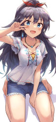 Rule 34 | 1girl, :d, absurdres, antenna hair, bare legs, barefoot, black hair, blue eyes, blue shorts, blush, breasts, cleavage, collarbone, commentary request, cutoffs, earrings, fang, feather earrings, feathers, ganaha hibiki, high ponytail, highres, idolmaster, idolmaster (classic), jewelry, kneeling, long hair, looking at viewer, open mouth, ponytail, shirt, short hair, short shorts, short sleeves, shorts, shuucream (syuichi), single earring, small breasts, smile, solo, v over eye, white shirt