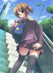 Rule 34 | 1girl, ass, bag, black eyes, blush, brown hair, building, city, cloud, covering privates, covering ass, day, hair ornament, hashimoto takashi, highres, kneepits, lamppost, looking back, school bag, school uniform, short hair, skirt, sky, skyscraper, solo, stairs, thighhighs, toranoana, tree, zettai ryouiki