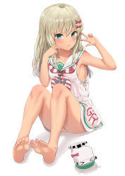 Rule 34 | 1girl, bad id, bad pixiv id, barefoot, blonde hair, bow, closed mouth, collarbone, commentary request, dress, feet, grecale (kancolle), green eyes, hair bow, highres, kantai collection, long hair, looking at viewer, osananajimi neko, sailor dress, simple background, sitting, sleeveless, sleeveless dress, soles, solo, tan, w, white background, white dress