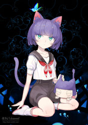 Rule 34 | 2others, androgynous, animal ears, black background, blue eyes, blunt bangs, bob cut, boots, bug, butterfly, cat ears, cat tail, chibi, closed eyes, cloud, collarbone, expressionless, eyebrows, full body, glowing, green eyes, insect, kuroi nyan, kuroinyan, looking away, looking up, multicolored eyes, multiple others, neckerchief, original, other focus, outstretched arms, pixiv fantasia, pixiv fantasia new world, purple hair, reflection, reflective floor, sailor collar, school uniform, serafuku, short hair, short sleeves, sitting, solo, tail, twitter username, watermark, web address, white footwear